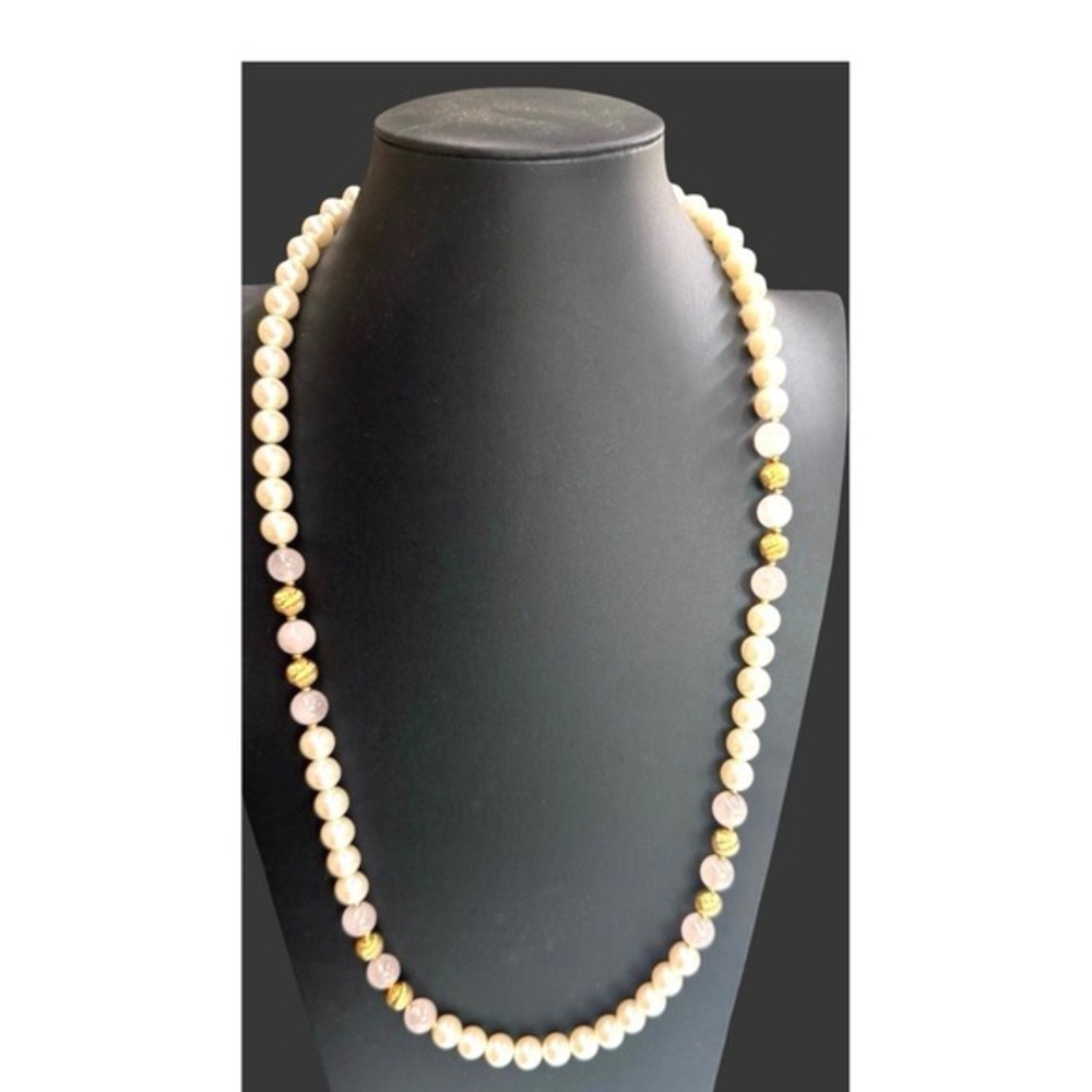Vintage Napier Faux Pearl Necklace Pink Glass‎ Gold Tone Long Strand